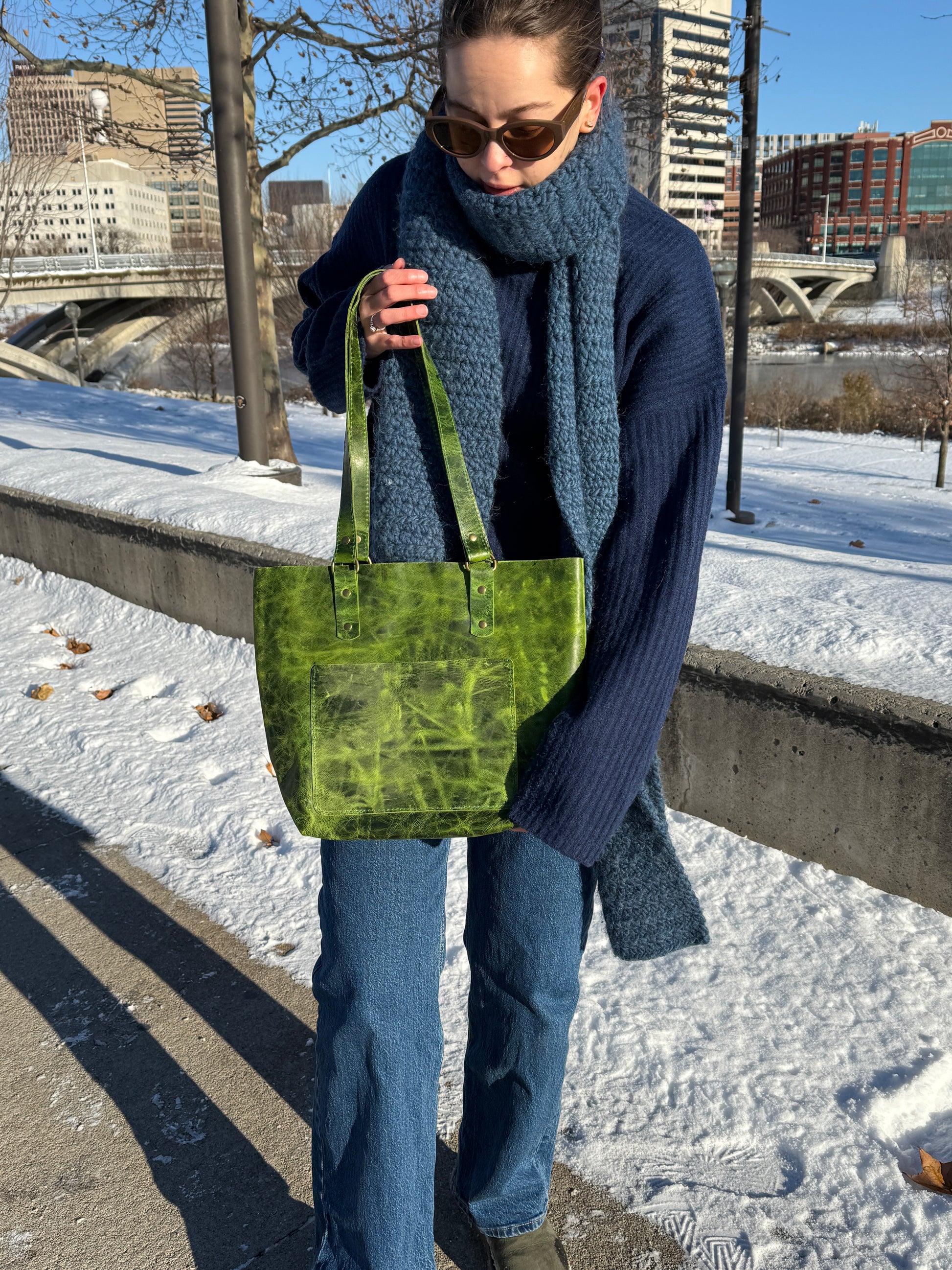 Premium leather tote bag texture and grain detail